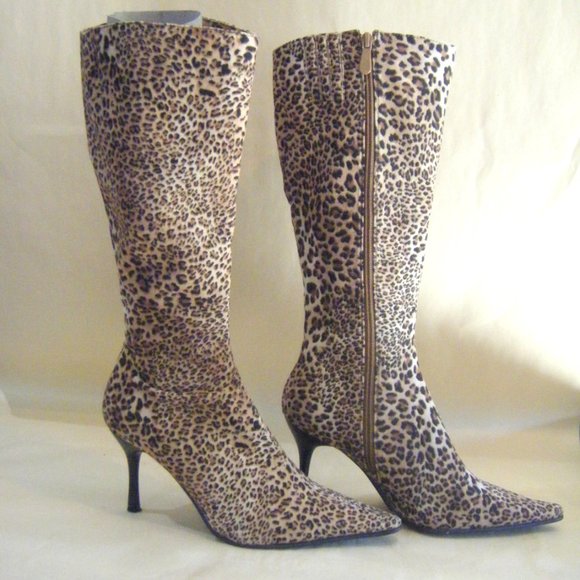Leopard Cheetah Print Textured Tall Boots Pointy Toe Ladies Size 6 - Picture 5 of 10